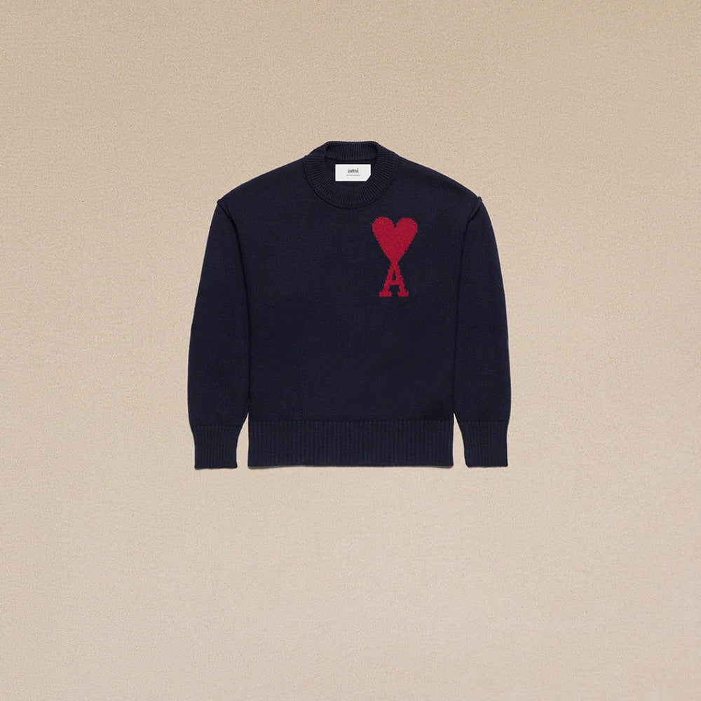 AMI - Pull col rond Ami de coeur rouge / marine