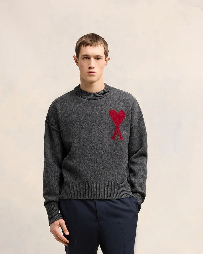 AMI - Pull col rond Ami de Coeur rouge / gris chine