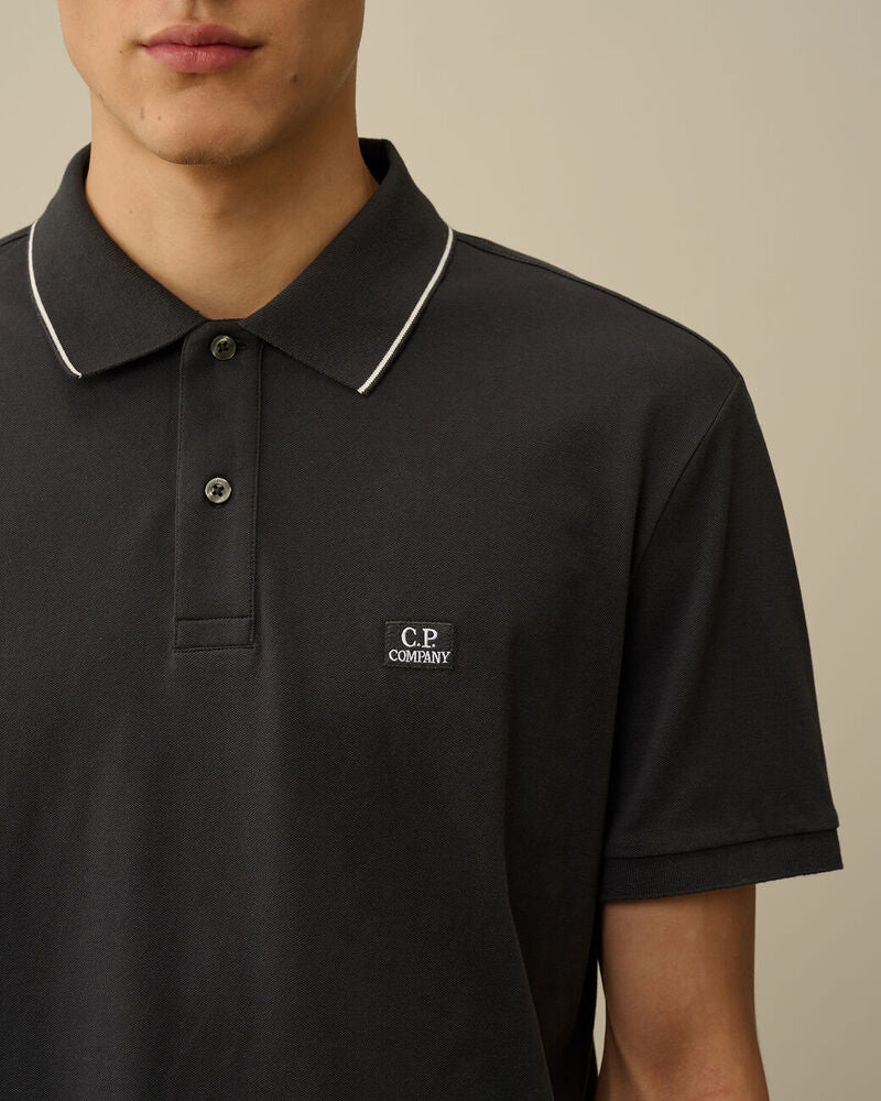 C.P. Company - Polo Stretch Piquet Striped Collar Polo Shirt Black Sand