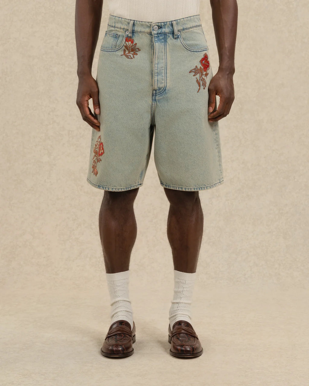 Drôle de Monsieur - Short Jean Dusty Bordé Fleurs Bleu Délavé