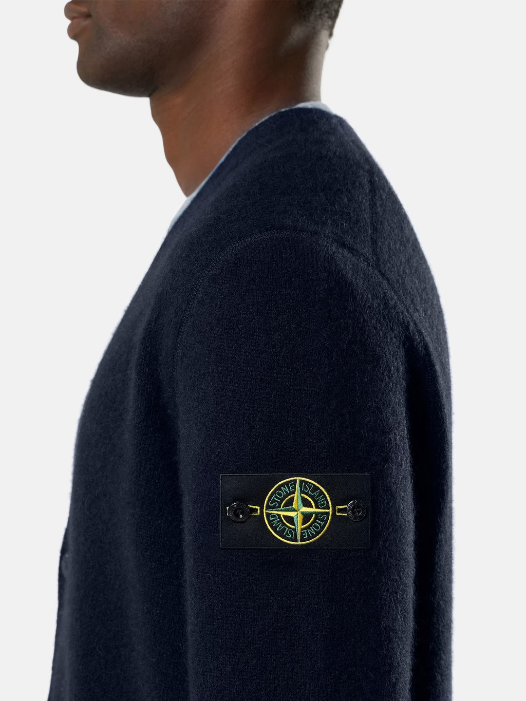 Stone Island - 5100046 Cardigan Col V Couple Ample Baby Alpaga Bleu Mélangé