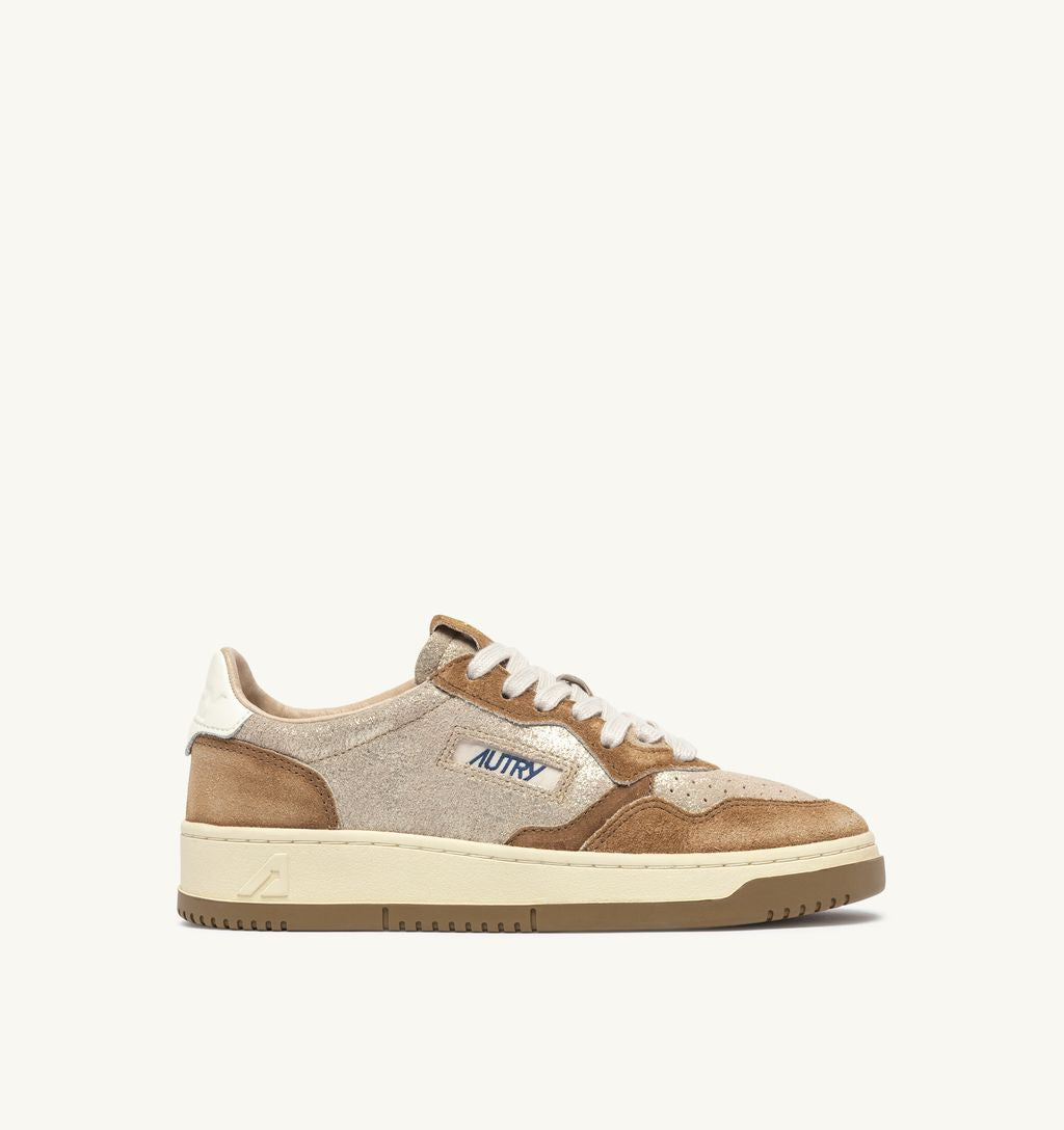 AUTRY - Basket Medalist Low Laminé Cuir / Suede Platinium/Beige