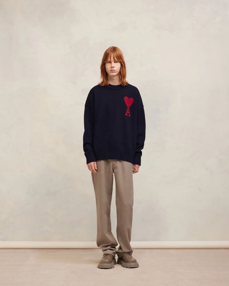 AMI - Pull col rond Ami de coeur rouge / marine