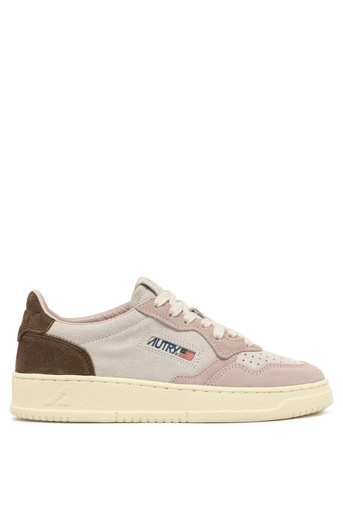 AUTRY - Basket Medalist Low tricolor en daim beige / rose et texas