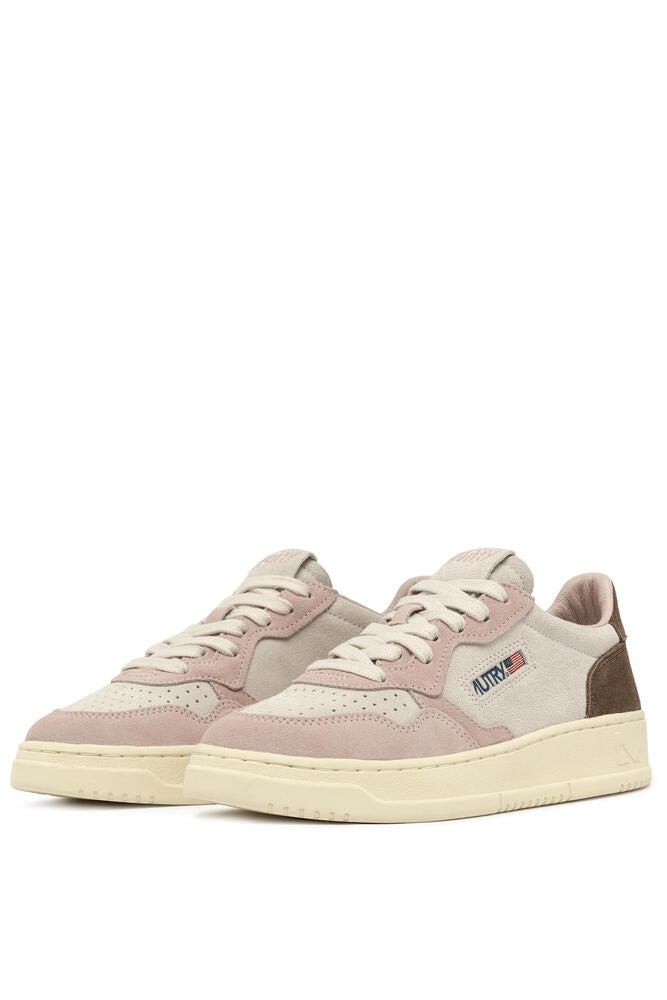 AUTRY - Basket Medalist Low tricolor en daim beige / rose et texas