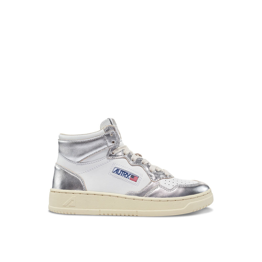 AUTRY - Basket Medalist Mid Bicolor cuir blanc / argent métallisé