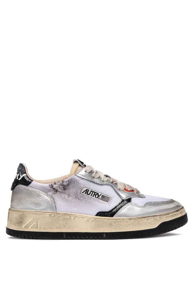 AUTRY - Basket Medalist Super Vintage en filet blanc et daim argent et cuir noir