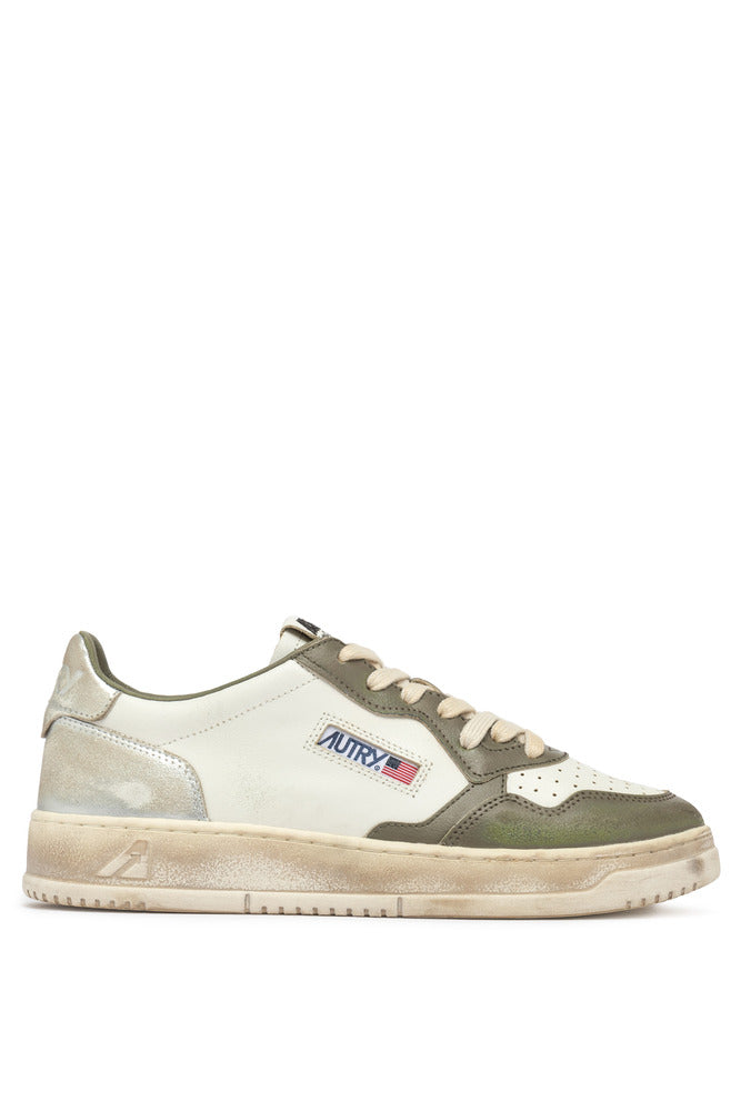 AUTRY - Basket Medalist Super Vintage cuir blanc / vert militaire et argent