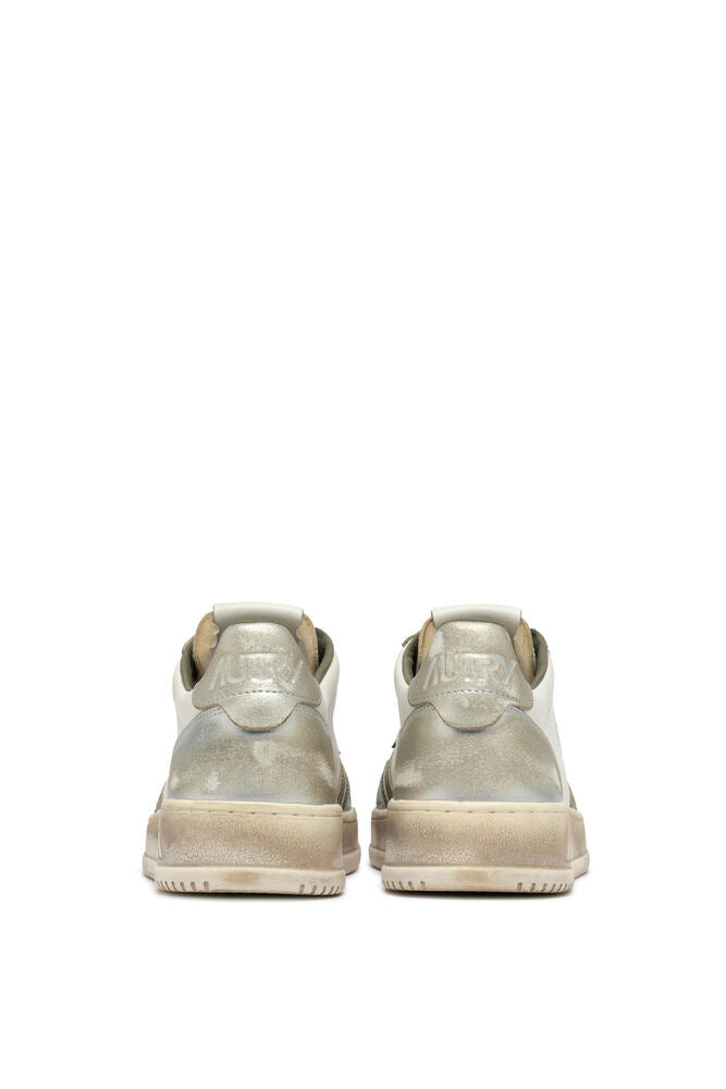 AUTRY - Basket Medalist Super Vintage cuir blanc / vert militaire et argent