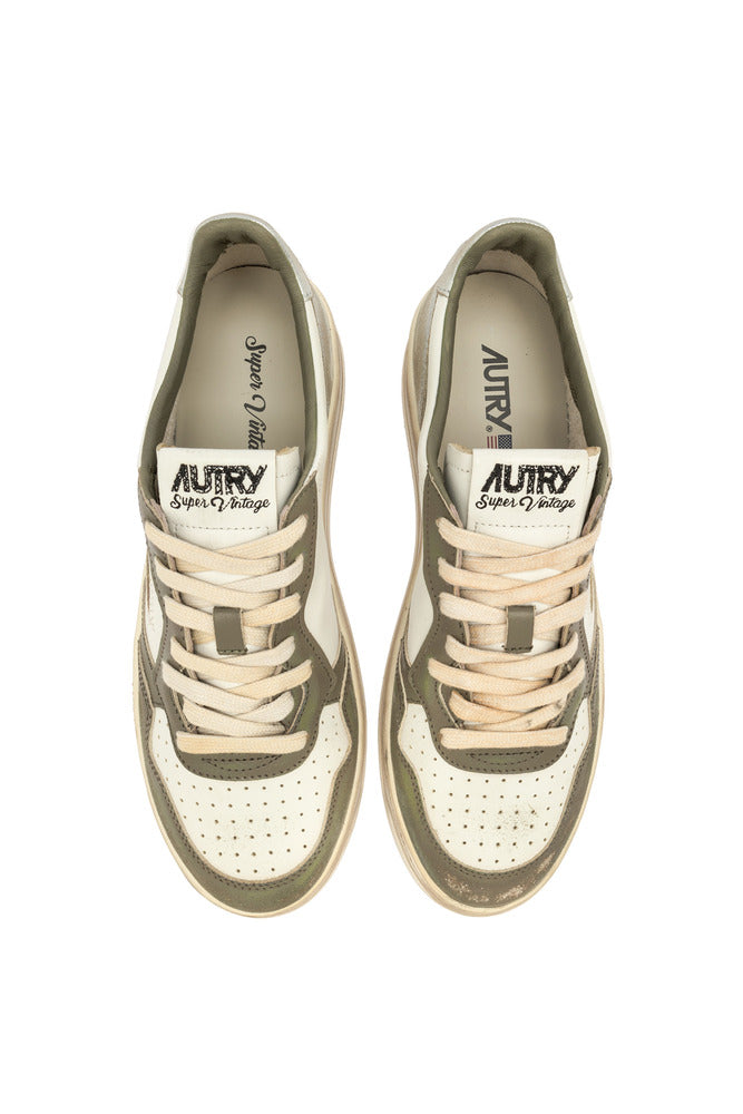 AUTRY - Basket Medalist Super Vintage cuir blanc / vert militaire et argent