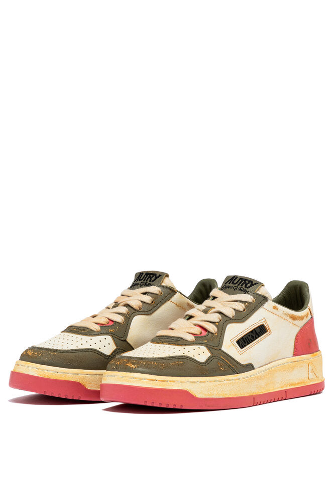AUTRY - Basket Medalist Super Vintage en cuir blanc / vert militaire et rose