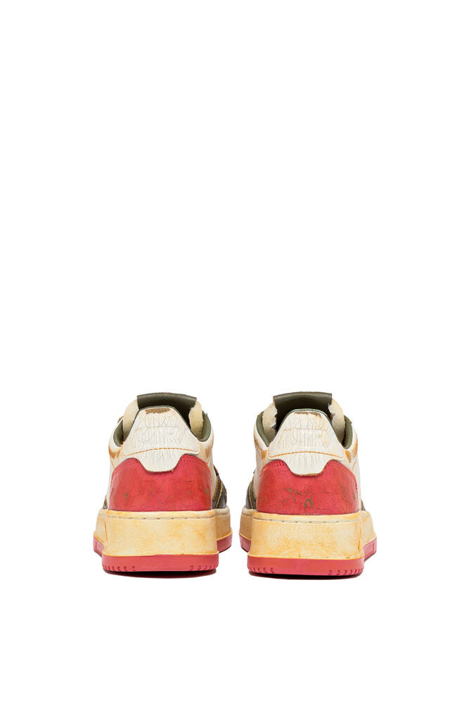 AUTRY - Basket Medalist Super Vintage en cuir blanc / vert militaire et rose