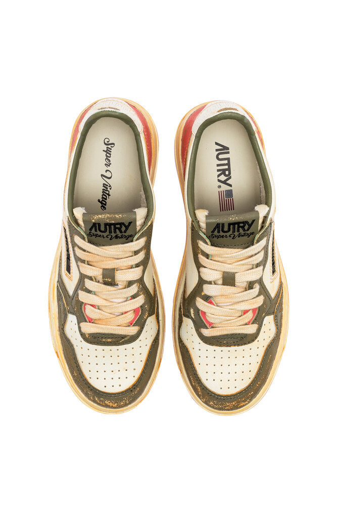 AUTRY - Basket Medalist Super Vintage en cuir blanc / vert militaire et rose