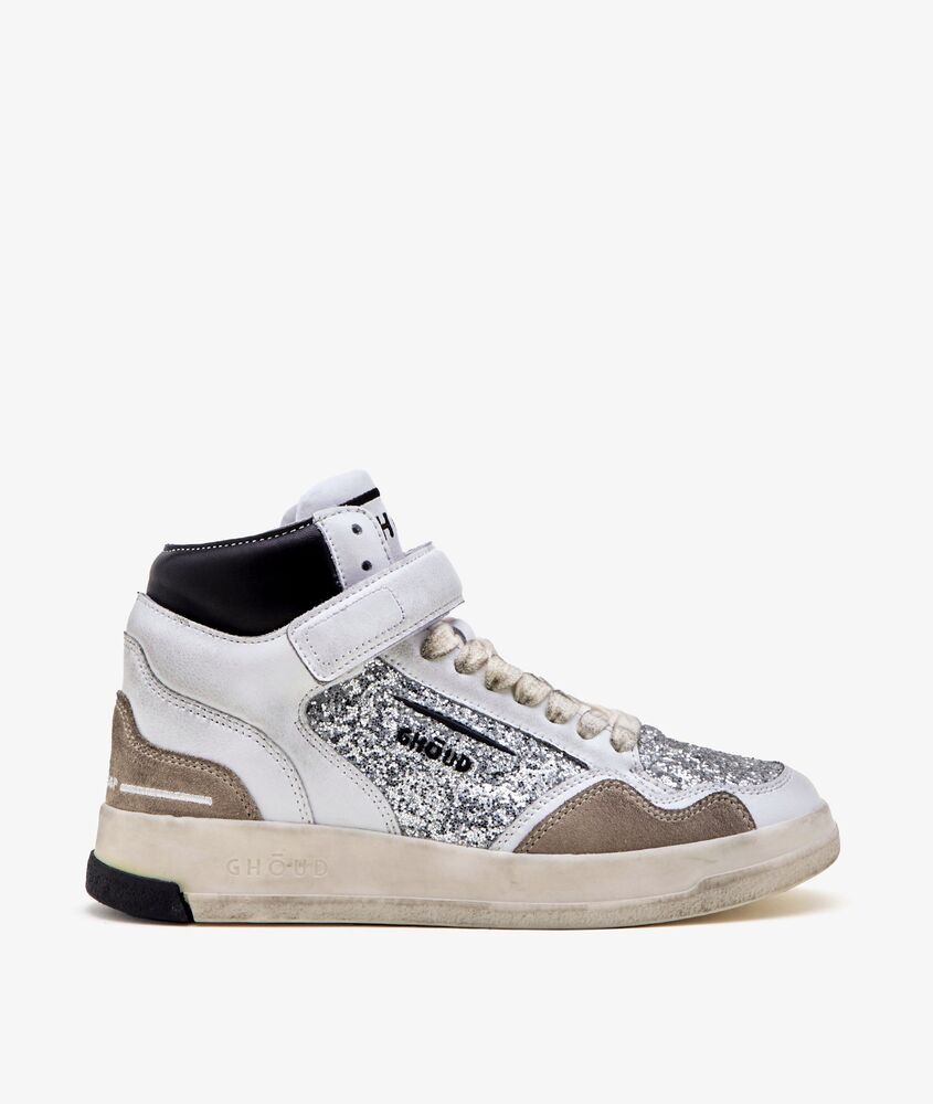 GHOUD - Basket Tweener High cuir brossé à paillettes Silver