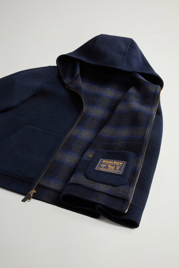 Woolrich - Veste Zippée à capuche en laine Melton Blue