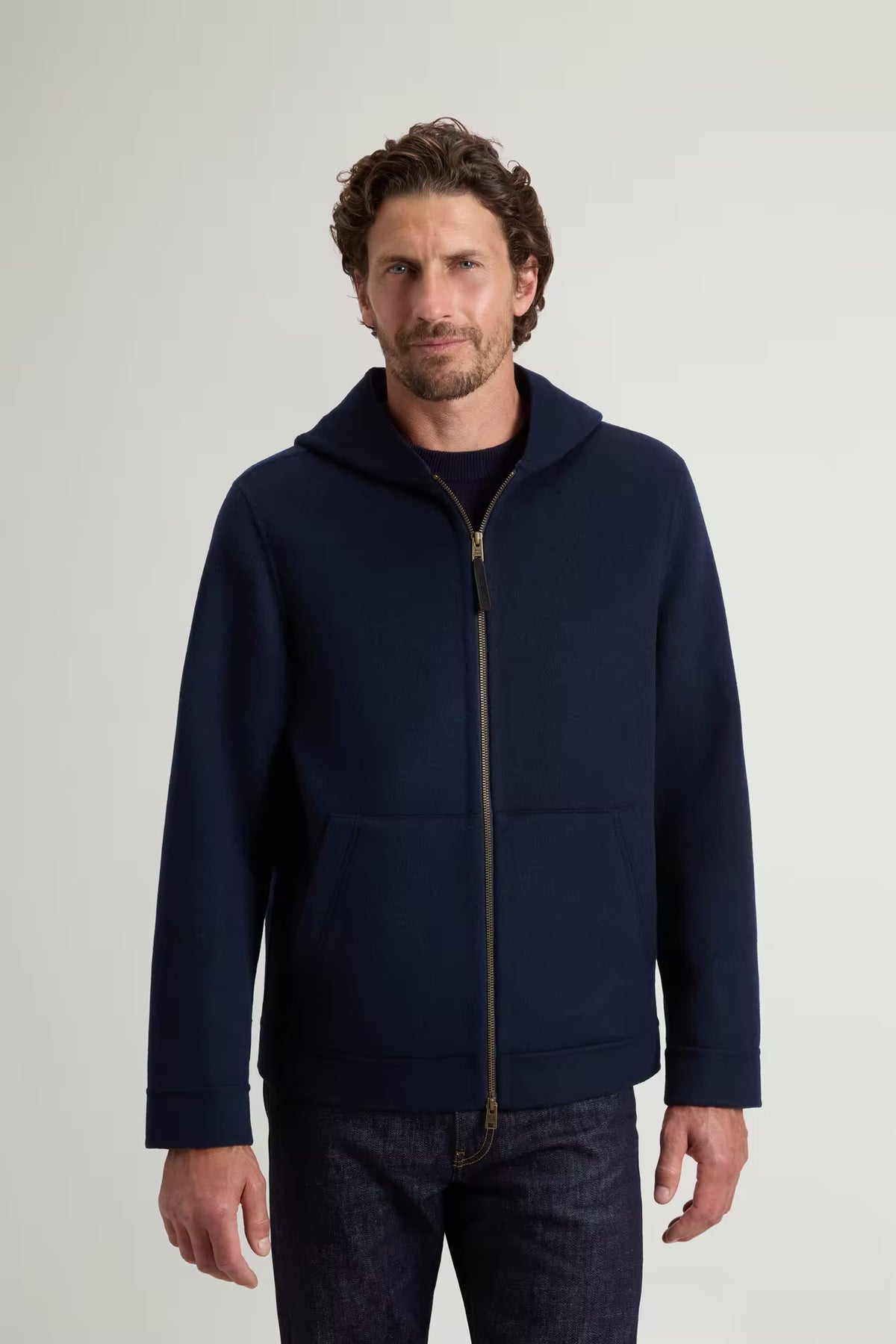 Woolrich - Veste Zippée à capuche en laine Melton Blue