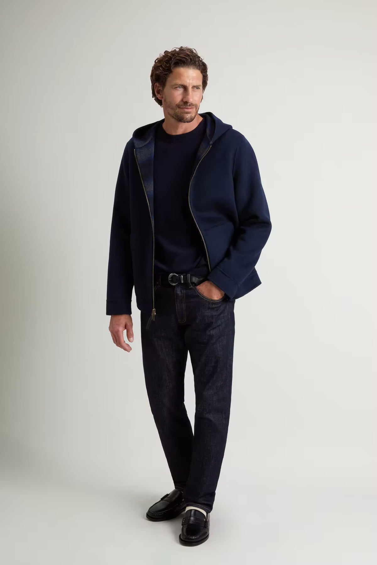 Woolrich - Veste Zippée à capuche en laine Melton Blue