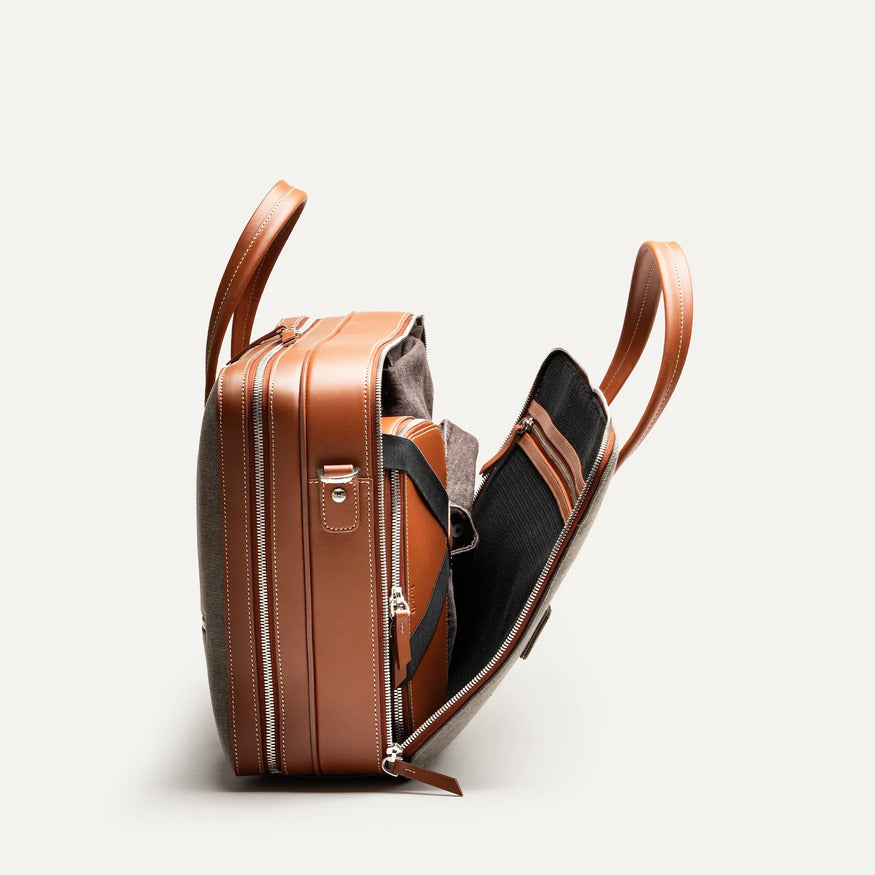 Lundi Paris - Porte documents Conally Toile Grise et Cuir Cognac