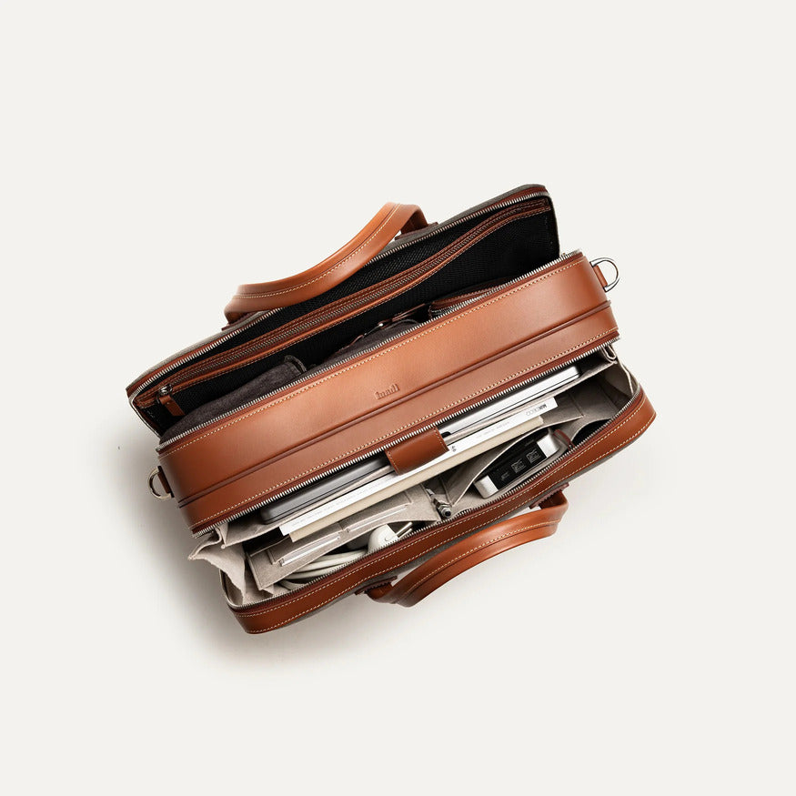 Lundi Paris - Porte documents Conally Toile Grise et Cuir Cognac