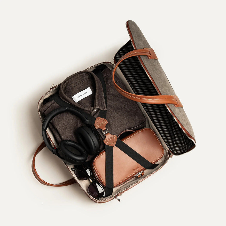 Lundi Paris - Porte documents Conally Toile Grise et Cuir Cognac