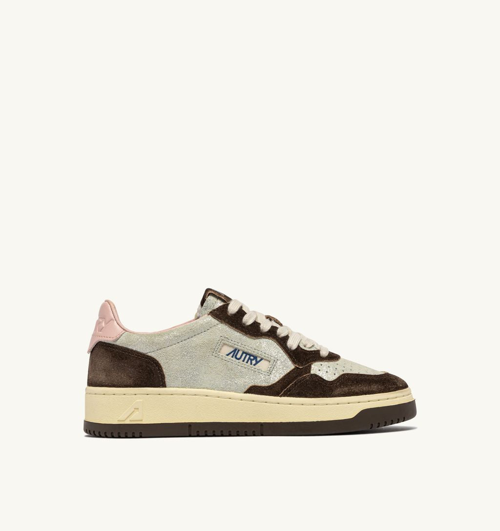 AUTRY - Basket Medalist Low Laminé Cuir / Suede Silver/Mustang