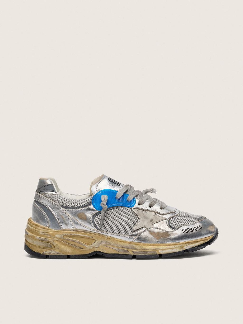Golden Goose - Running Dad  cuir lamé Argenté et résille avec étoile en cuir Blanc