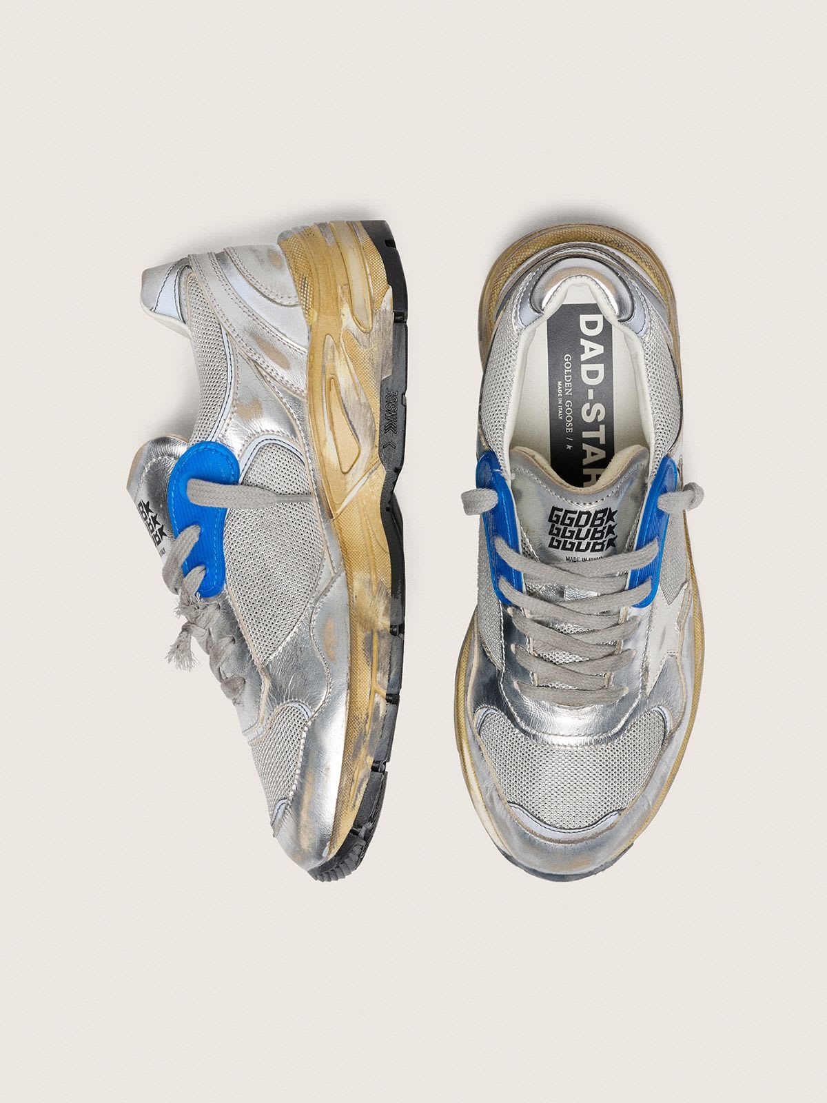 Golden Goose - Running Dad  cuir lamé Argenté et résille avec étoile en cuir Blanc