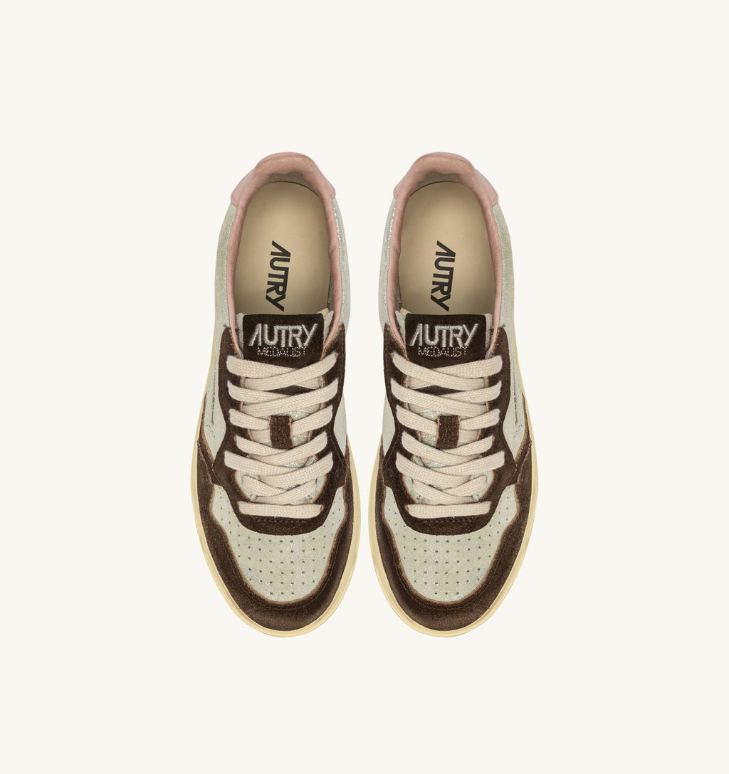 AUTRY - Basket Medalist Low Laminé Cuir / Suede Silver/Mustang