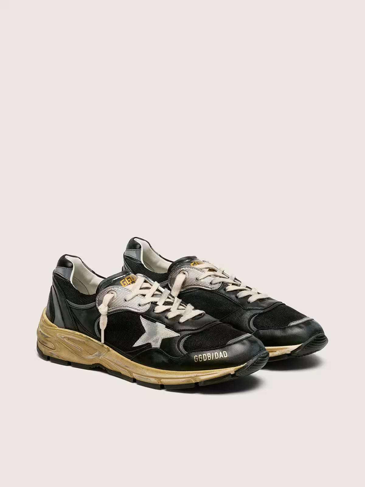 Golden Goose - Dad Star en résille et cuir Nappa Noir et Argent et étoile Grise
