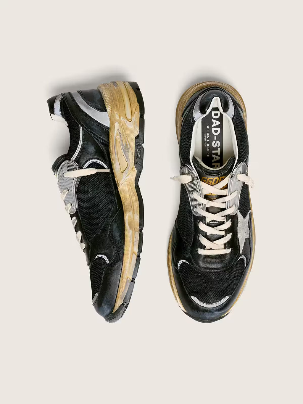 Golden Goose - Dad Star en résille et cuir Nappa Noir et Argent et étoile Grise