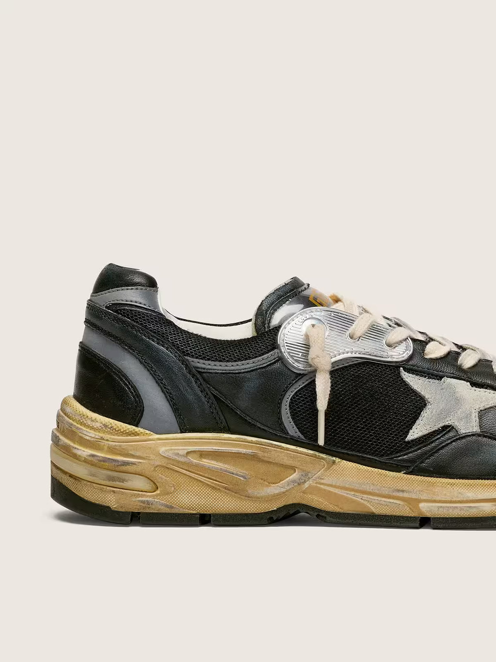 Golden Goose - Dad Star en résille et cuir Nappa Noir et Argent et étoile Grise