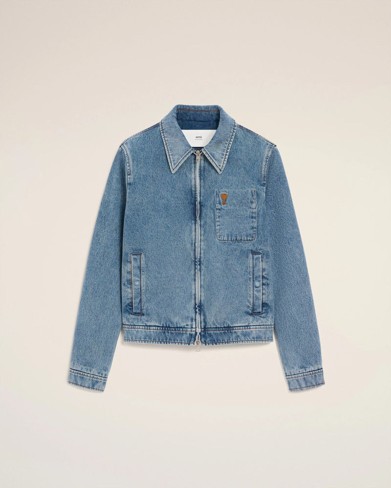 AMI - Blouson Zippé en denim Ami de Coeur Bleu usé