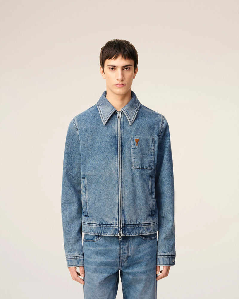 AMI - Blouson Zippé en denim Ami de Coeur Bleu usé