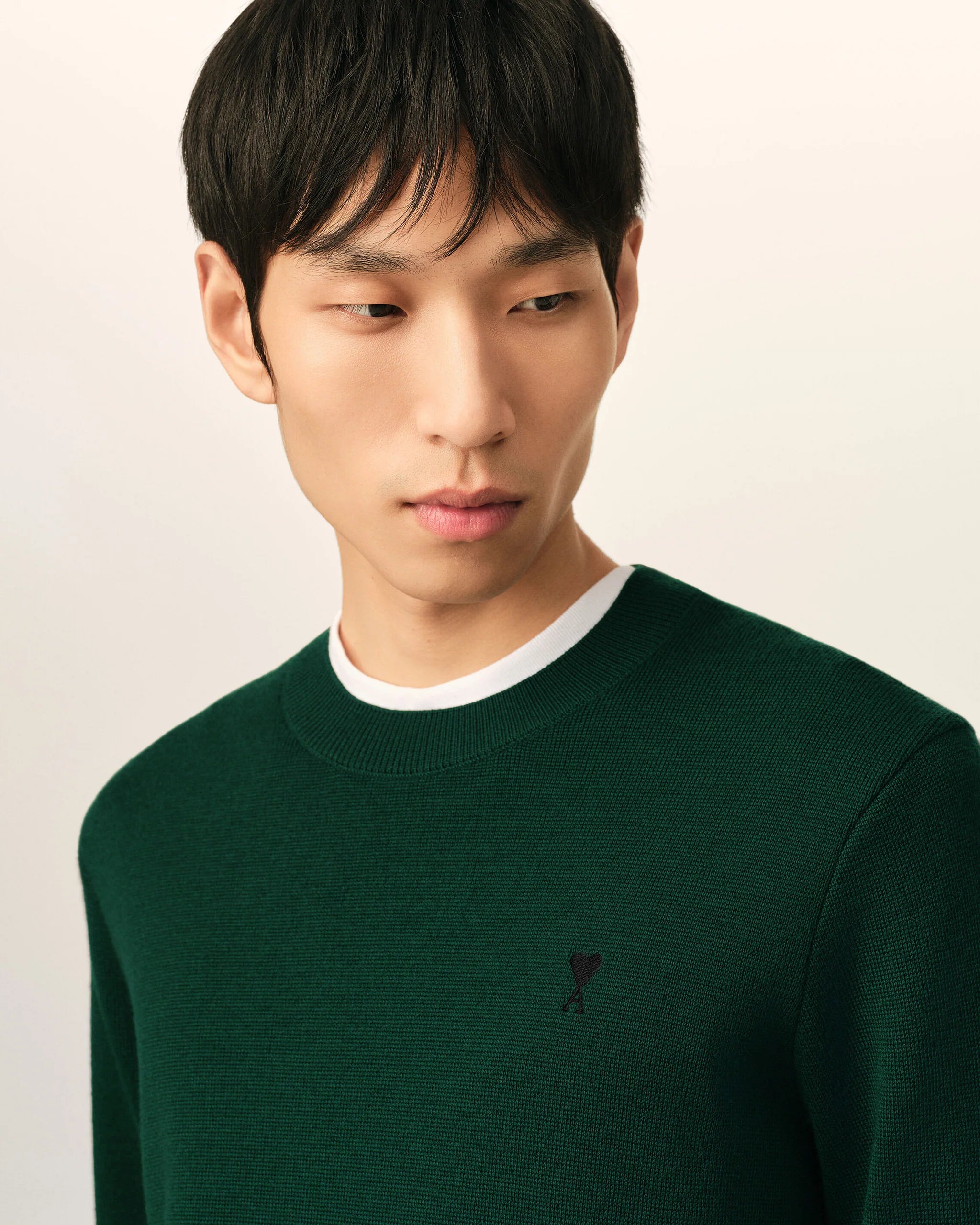 AMI - Pull col rond Ami de Coeur Vert Bouteille/Black