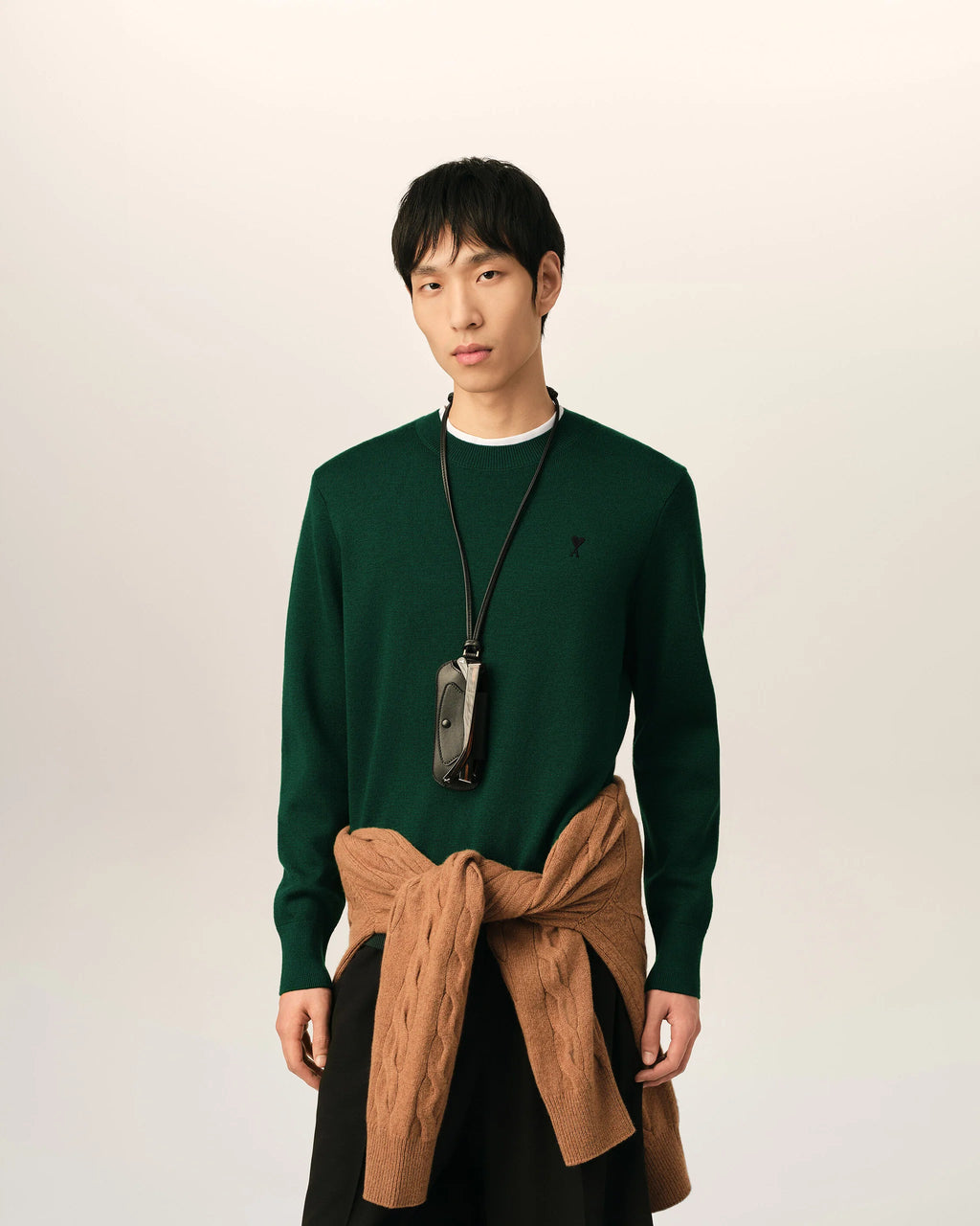 AMI - Pull col rond Ami de Coeur Vert Bouteille/Black