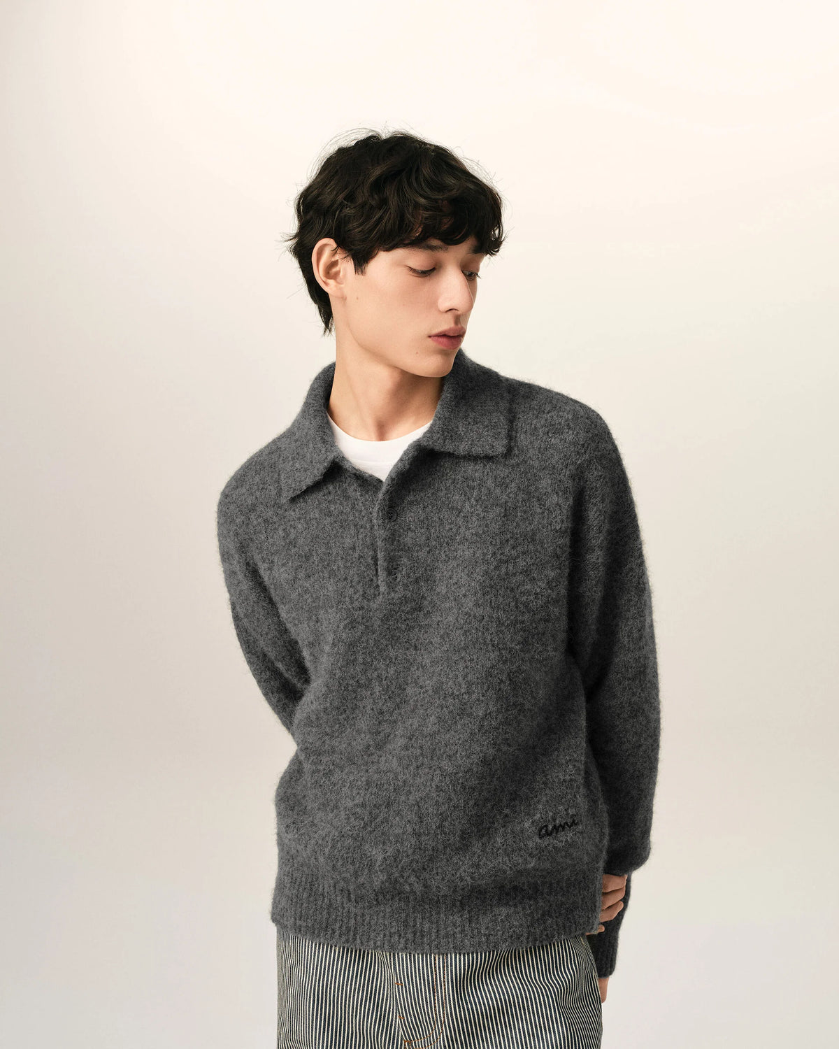 AMI - Polo en laine et alpaga Gris