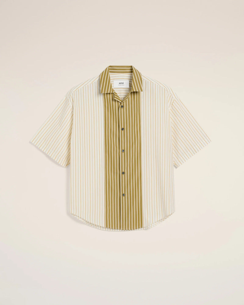 AMI - Chemise Boxy col requin rayée Ecru/ Vert Lichen/Curry