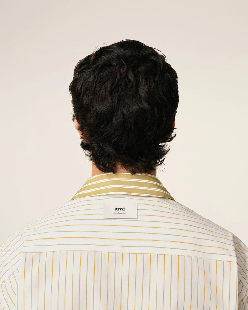AMI - Chemise Boxy col requin rayée Ecru/ Vert Lichen/Curry