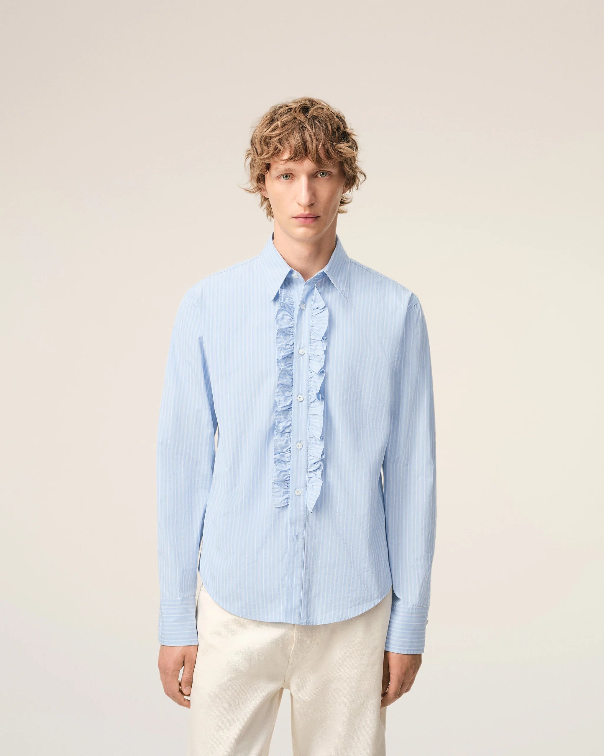 AMI - Chemise Jabot Bleu ajustée en coton
