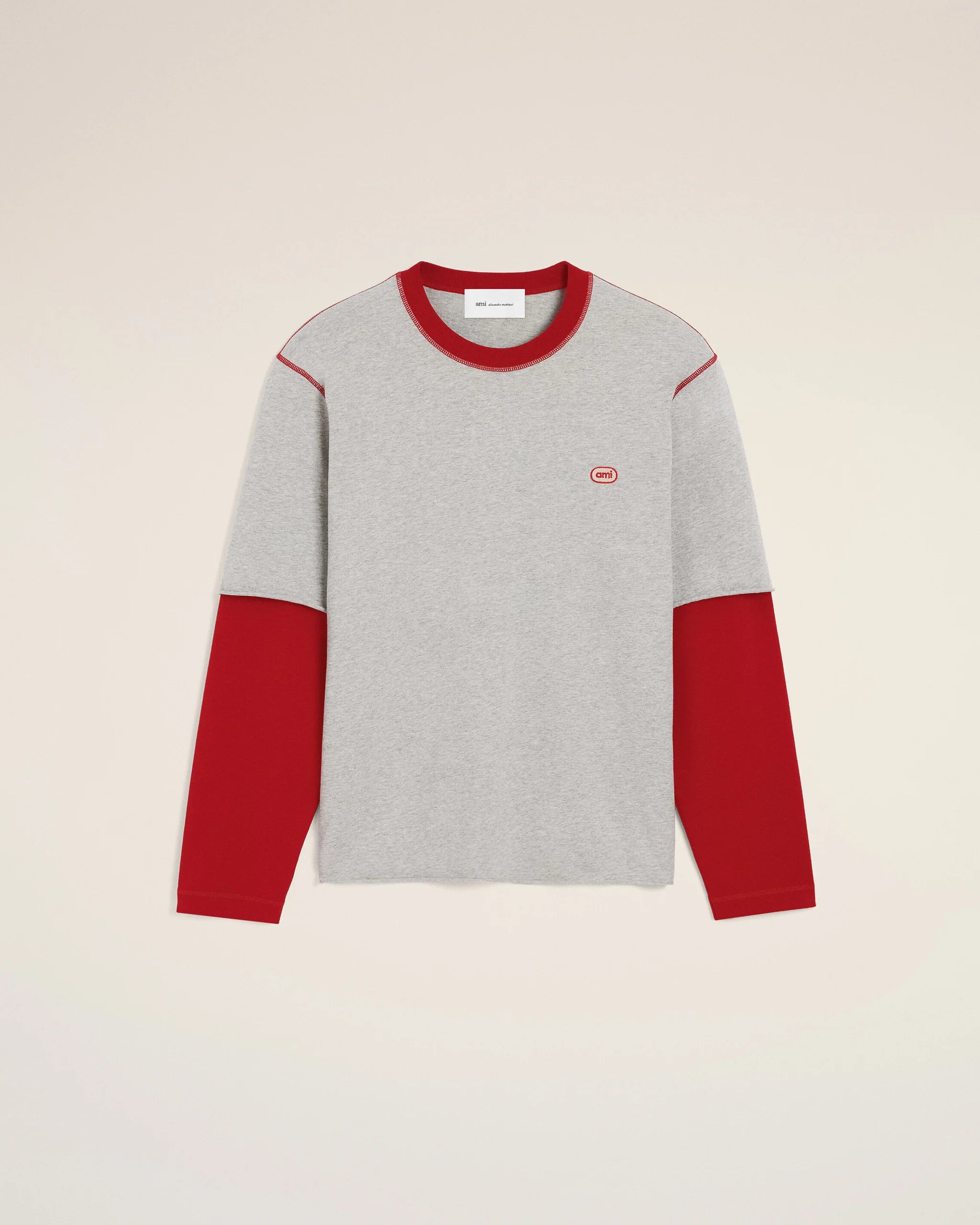AMI - T-shirt Manches doubles Patch Ami Gris Cendre/Rouge