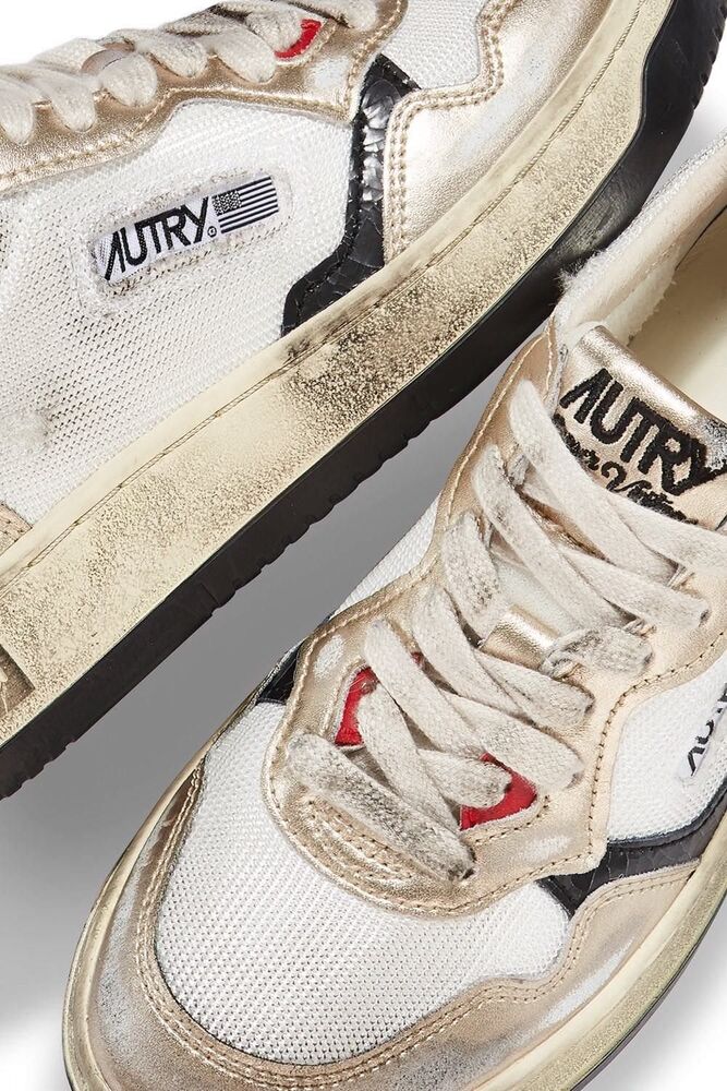 AUTRY - Basket Medalist Super Vintage en filet blanc et cuir doré et noir