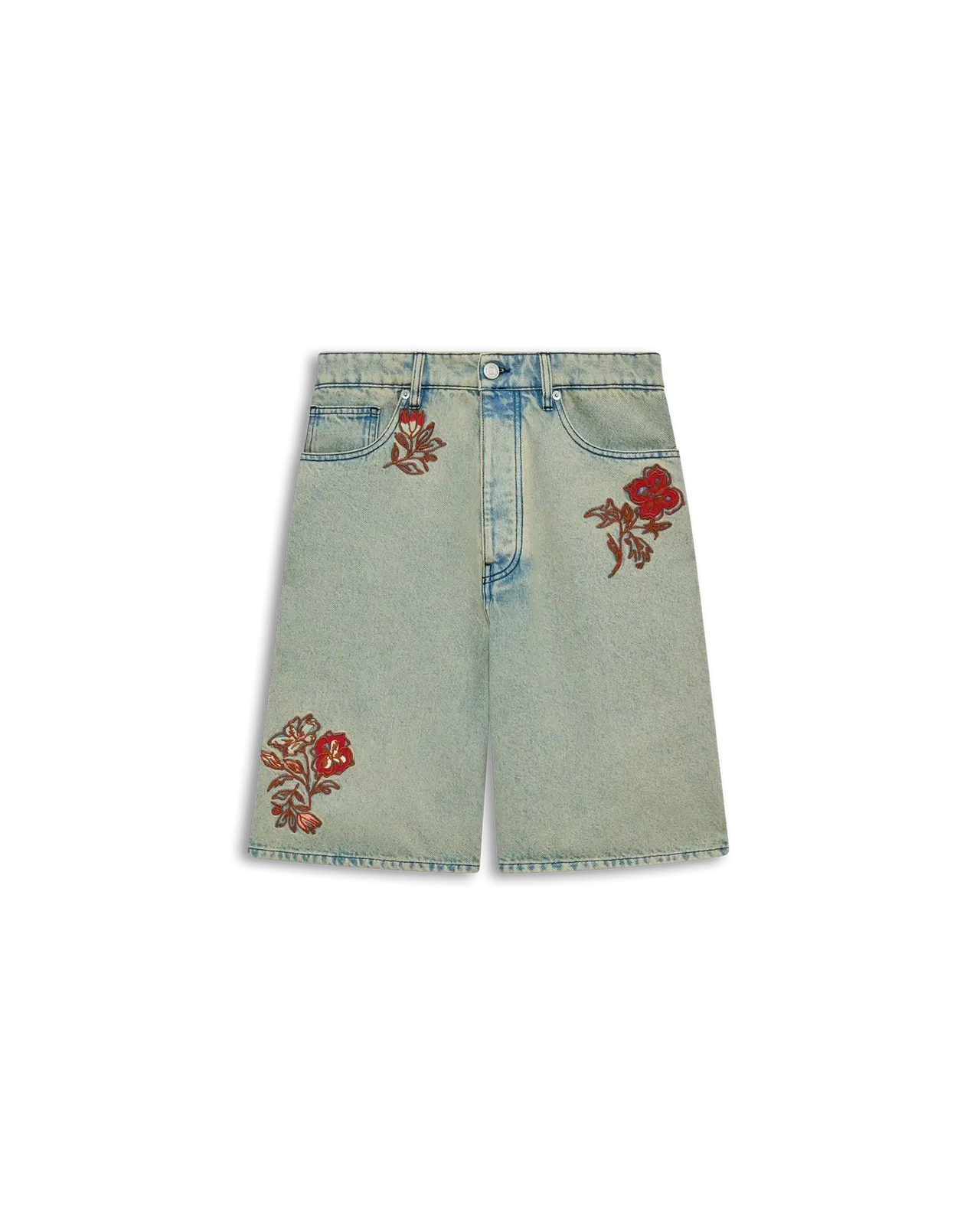 Drôle de Monsieur - Short Jean Dusty Bordé Fleurs Bleu Délavé