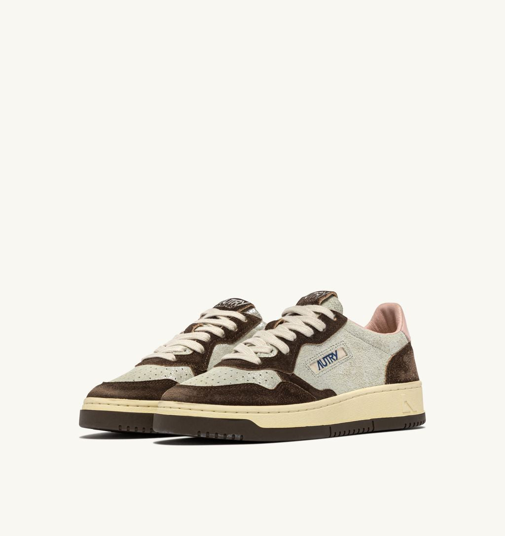 AUTRY - Basket Medalist Low Laminé Cuir / Suede Silver/Mustang