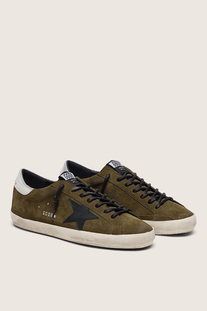 Golden Goose - Super Star en Cuir velour kaki avec etoile en cuir noir et contrefort argent