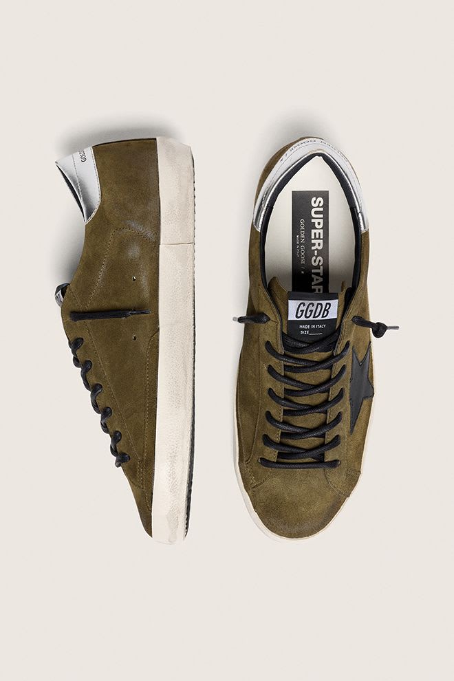 Golden Goose - Super Star en Cuir velour kaki avec etoile en cuir noir et contrefort argent