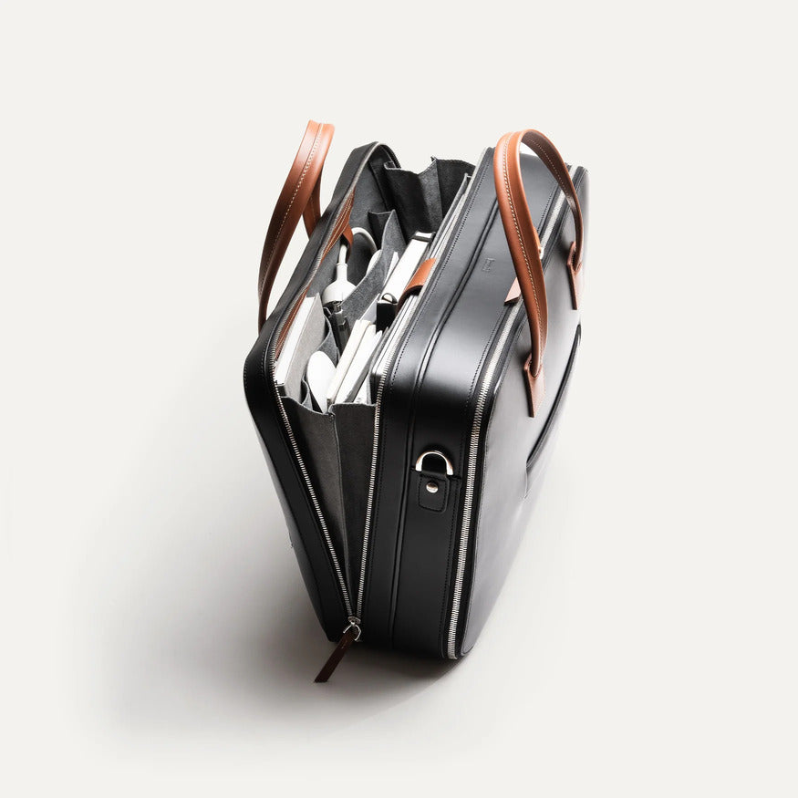 Lundi Paris - Porte documents 36H Bellecourt Cuir Noir et Cognac