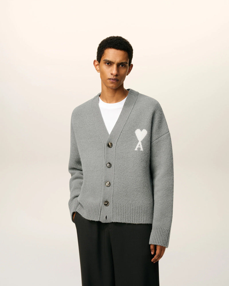 AMI - Cardigan Ami de Coeur Alpaga Gris/Ecru