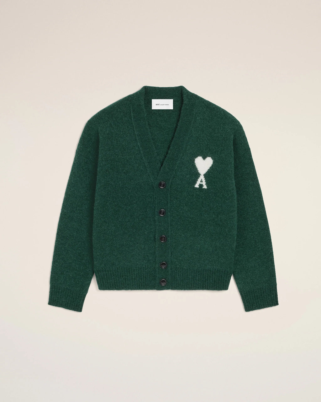 AMI - Cardigan V Neck Ami de coeur en Alpaga Vert Bouteille