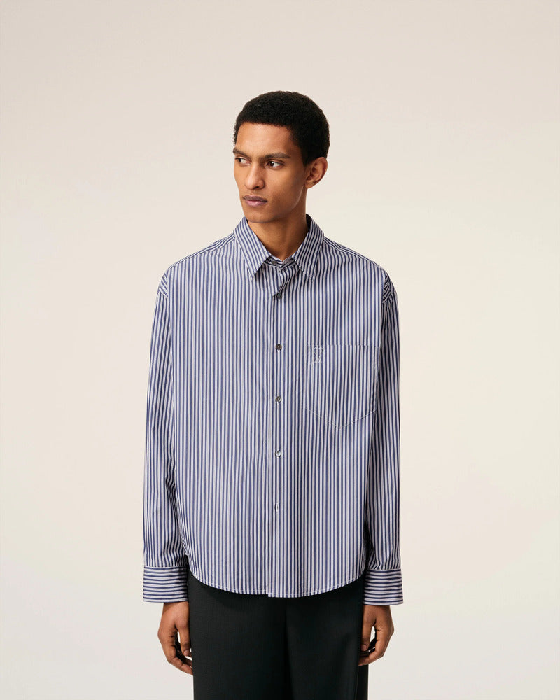 AMI - Chemise Boxy embossé Ami de coeur rayée Bleu roi / Blanc / Noir