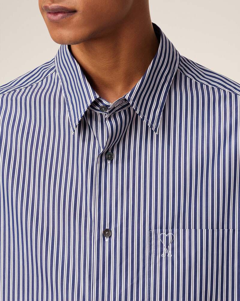AMI - Chemise Boxy embossé Ami de coeur rayée Bleu roi / Blanc / Noir